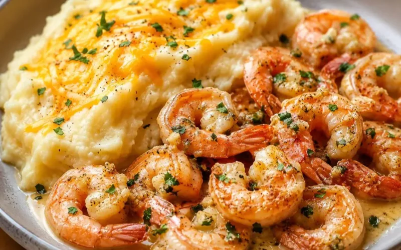 Creamy garlic butter shrimp garnished with parsley, served alongside cheesy mashed potatoes topped with melted cheddar cheese on a rustic plate.