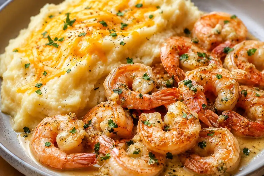 Creamy Garlic Butter Shrimp with Cheesy Mashed Potatoes