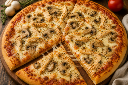 Homemade chicken mushroom pizza with melted mozzarella cheese and golden crust