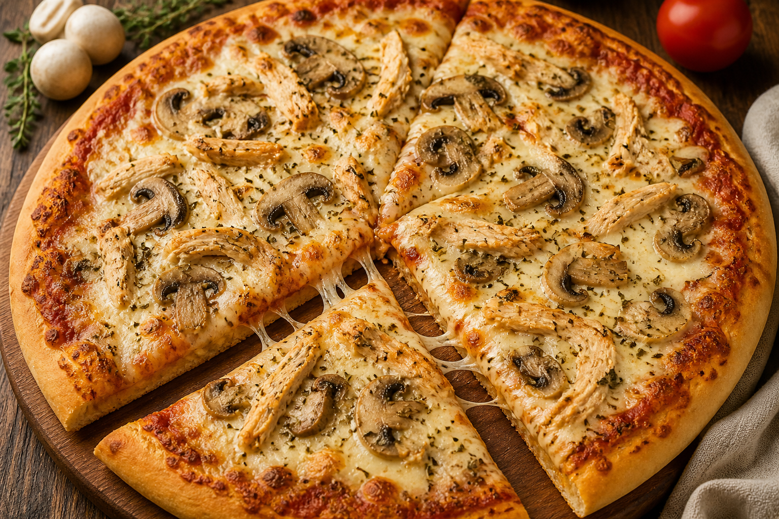 Homemade chicken mushroom pizza with melted mozzarella cheese and golden crust