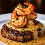 Juicy steak topped with succulent shrimp and creamy garlic butter sauce—pure indulgence in every bite.