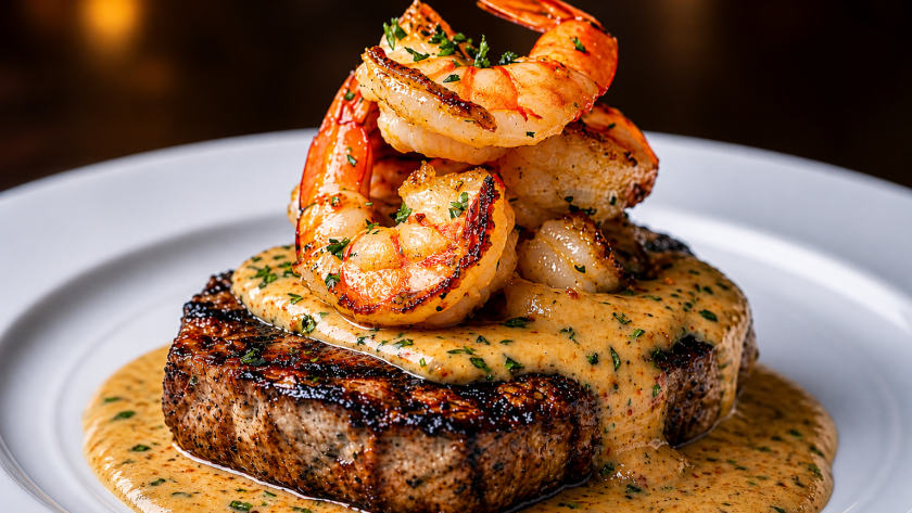 Juicy steak topped with succulent shrimp and creamy garlic butter sauce—pure indulgence in every bite.