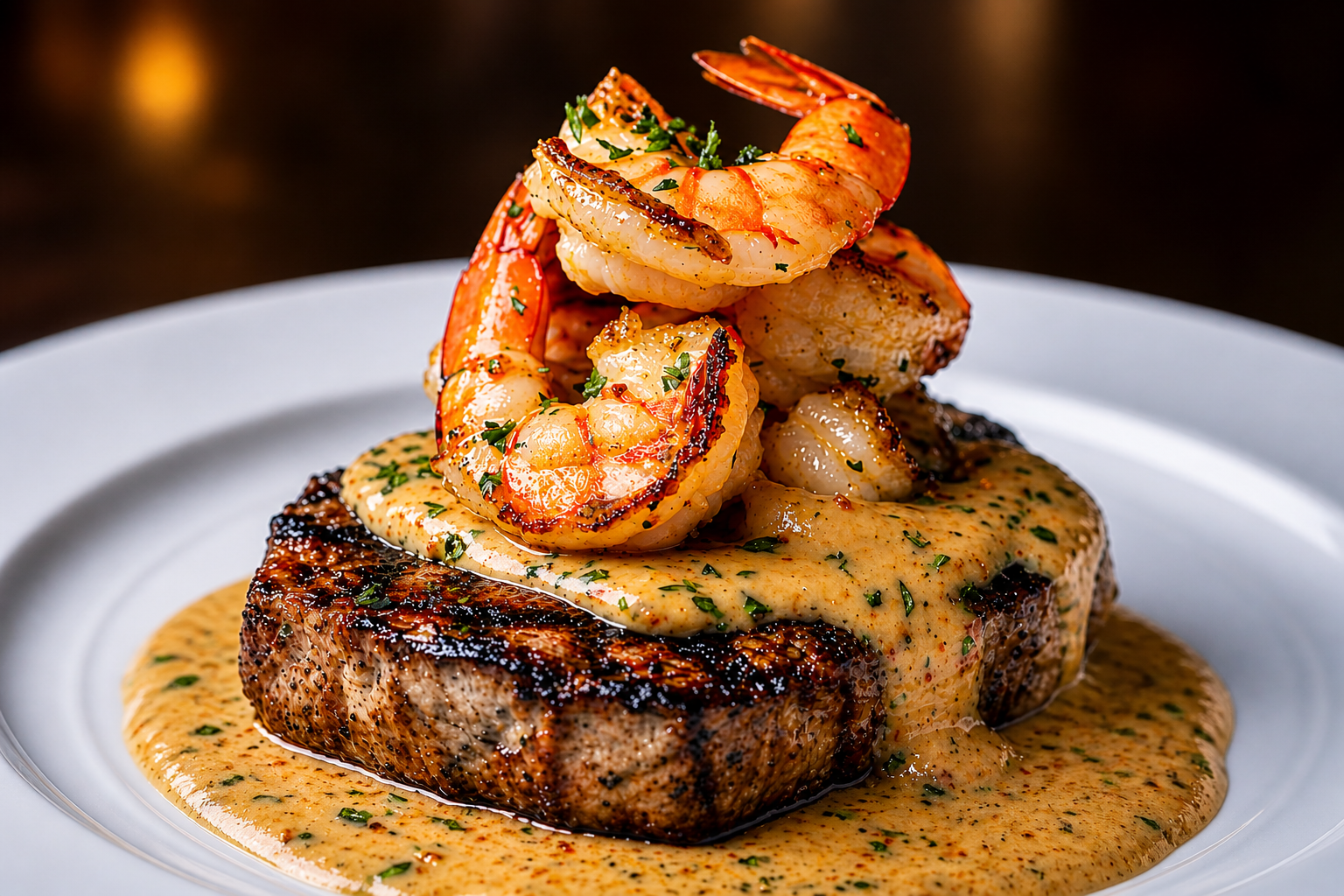 Juicy steak topped with succulent shrimp and creamy garlic butter sauce—pure indulgence in every bite.