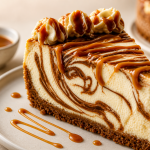 slice of caramel cheesecake with creamy texture and caramel drizzle on top