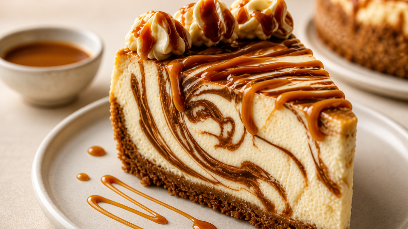 slice of caramel cheesecake with creamy texture and caramel drizzle on top