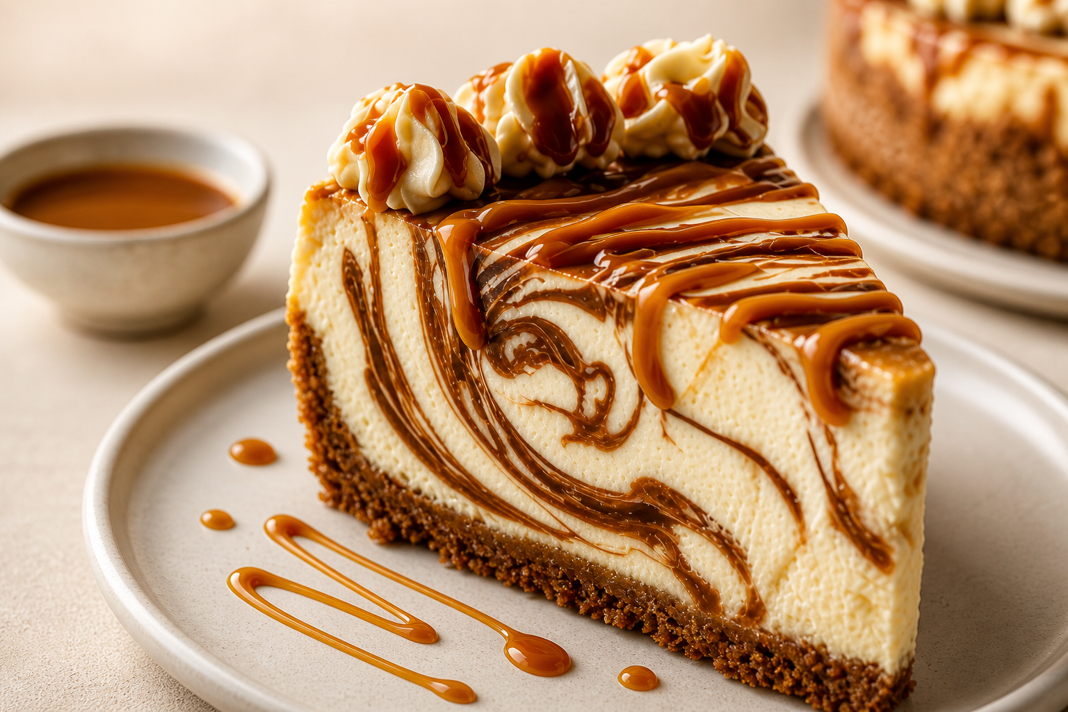 slice of caramel cheesecake with creamy texture and caramel drizzle on top