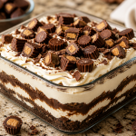 layered chocolate dessert in glass dish with cream and chocolate chips on top