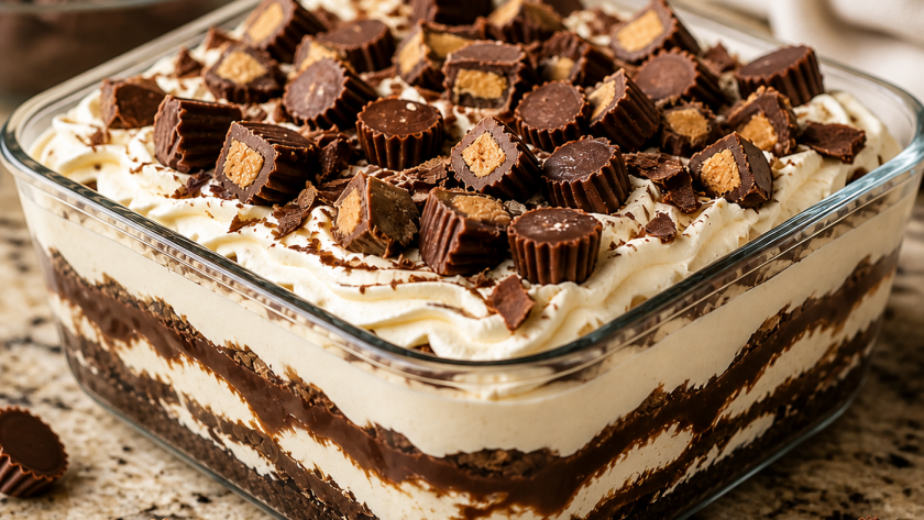 layered chocolate dessert in glass dish with cream and chocolate chips on top