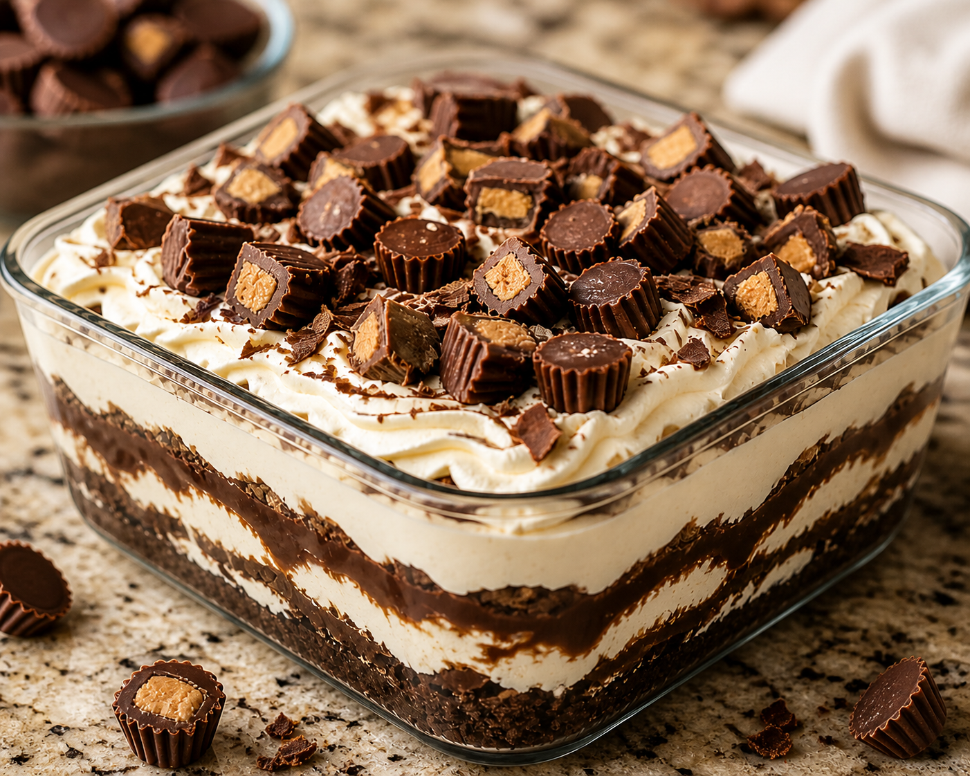 layered chocolate dessert in glass dish with cream and chocolate chips on top