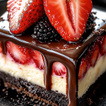Close-up of chocolate strawberry cheesecake brownie bars with fresh strawberries, creamy cheesecake filling, fudgy brownie base, and rich chocolate ganache topping.
