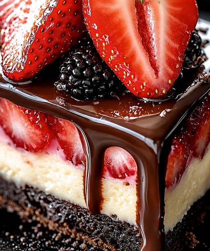 Close-up of chocolate strawberry cheesecake brownie bars with fresh strawberries, creamy cheesecake filling, fudgy brownie base, and rich chocolate ganache topping.
