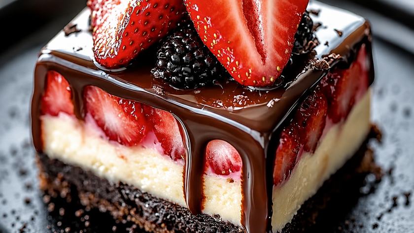 Close-up of chocolate strawberry cheesecake brownie bars with fresh strawberries, creamy cheesecake filling, fudgy brownie base, and rich chocolate ganache topping.