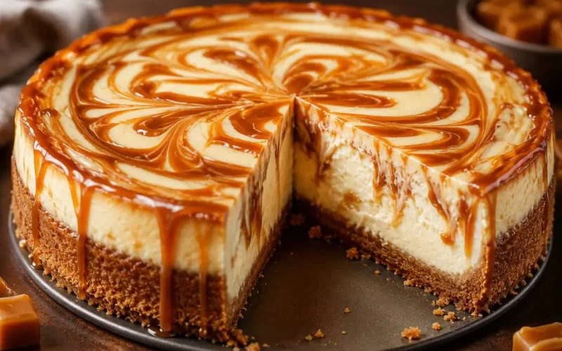 slice of caramel cheesecake with creamy texture and caramel drizzle on top