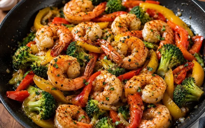 Close-up of garlic butter shrimp stir-fry with broccoli and colorful bell peppers cooked in a skillet.