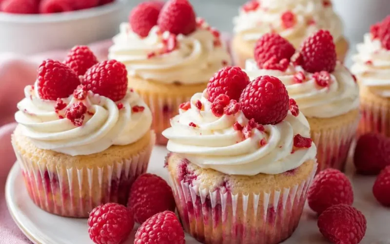 Fluffy vanilla cupcakes topped with pink raspberry buttercream frosting and fresh raspberries on a wooden board