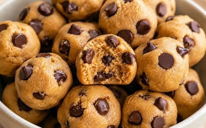 Close-up of homemade peanut butter chocolate chip cookie bites with a soft, chewy texture and rich chocolate chips, arranged in a bowl.