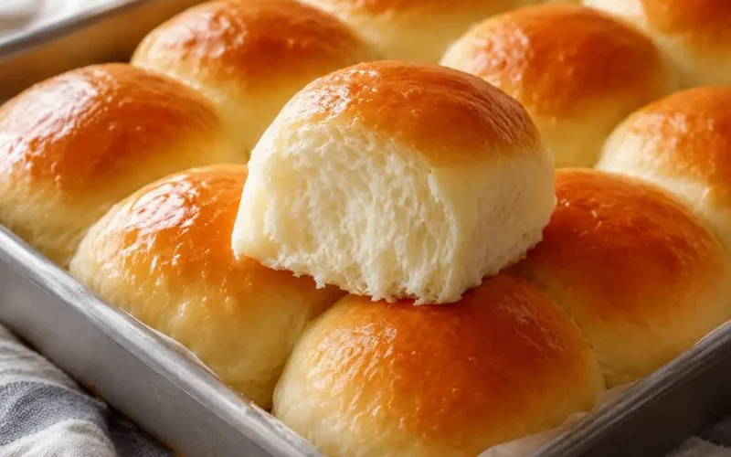 Freshly baked soft and fluffy bread rolls with glossy golden-brown tops, arranged in a baking pan. One roll is pulled apart to reveal its light, airy interior texture.