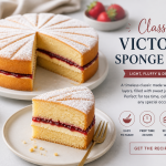 Victoria sponge cake with powdered sugar on top, filled with jam and cream, with one slice cut and served on a plate.