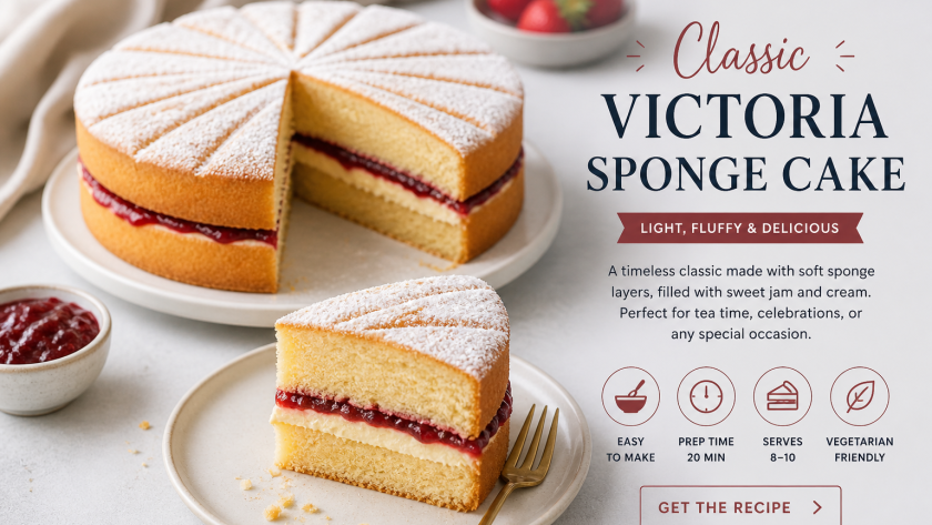 Victoria sponge cake with powdered sugar on top, filled with jam and cream, with one slice cut and served on a plate.