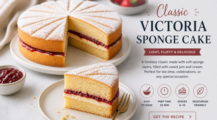 Victoria sponge cake with powdered sugar on top, filled with jam and cream, with one slice cut and served on a plate.