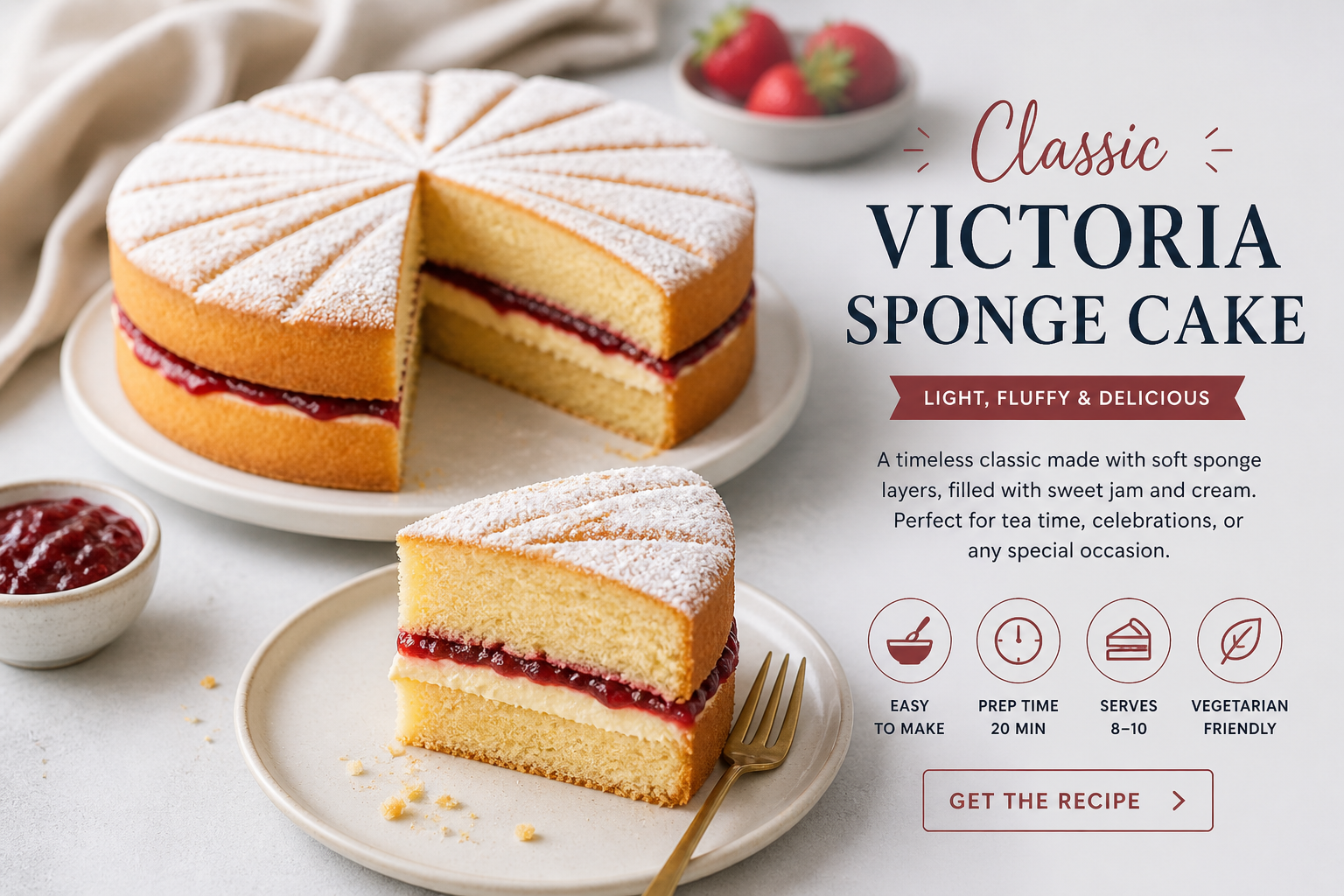 Victoria sponge cake with powdered sugar on top, filled with jam and cream, with one slice cut and served on a plate.