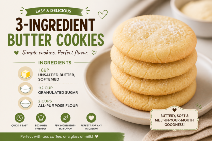 Stack of soft butter cookies topped with sugar, labeled as 3-ingredient cookies with listed ingredients.