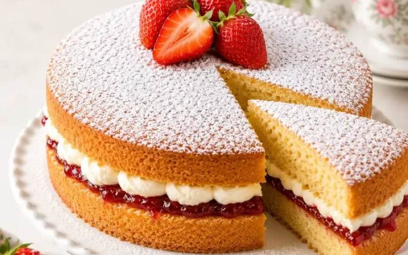 Victoria sponge cake with powdered sugar on top, filled with jam and cream, with one slice cut and served on a plate.