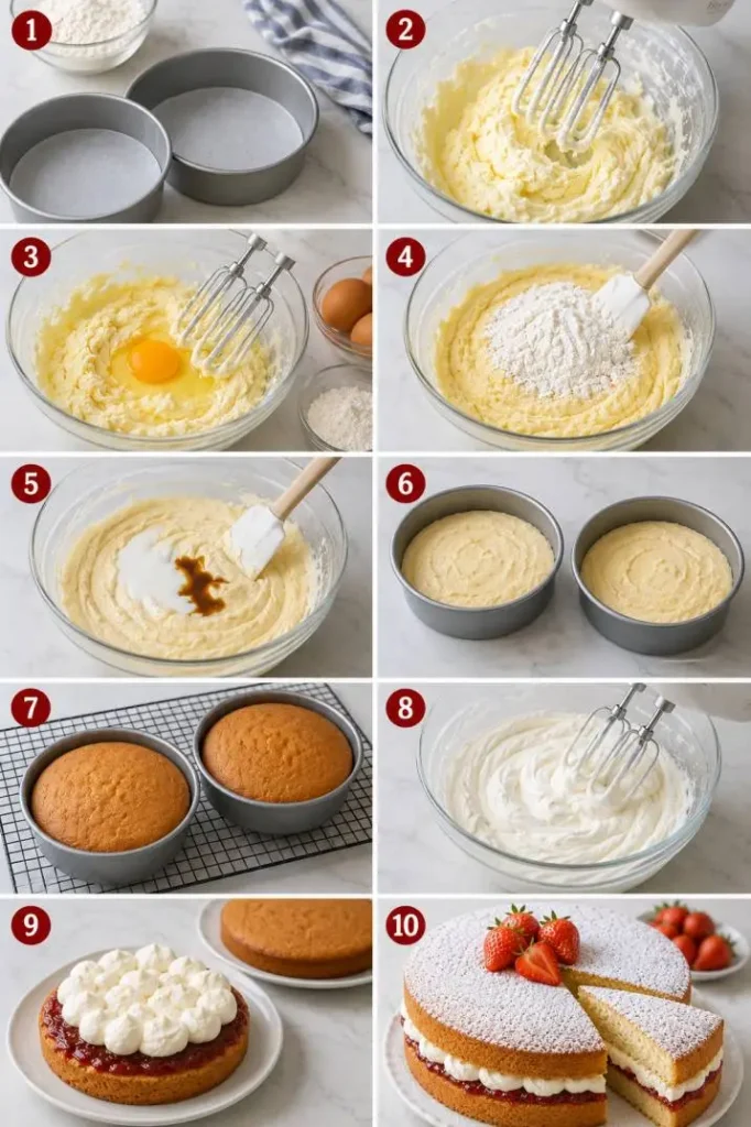 Step-by-step photo collage showing how to make a classic Victoria sponge cake, including preparing cake pans, creaming butter and sugar, adding eggs, mixing flour, adding milk and vanilla, baking cake layers, whipping cream, assembling with jam and cream, and finishing with a powdered sugar-topped Victoria sponge cake garnished with fresh strawberries.