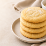 Stack of soft butter cookies topped with sugar, labeled as 3-ingredient cookies with listed ingredients.