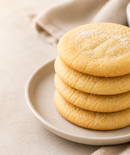 Stack of soft butter cookies topped with sugar, labeled as 3-ingredient cookies with listed ingredients.