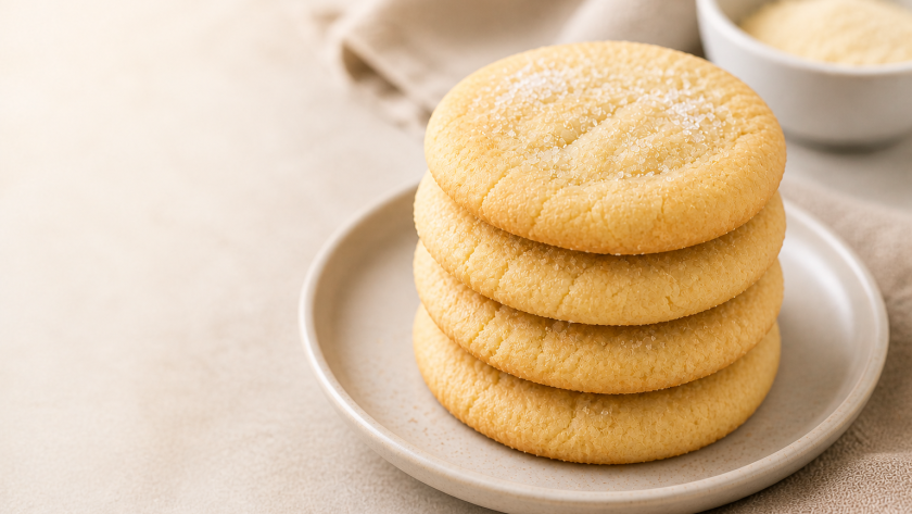 Stack of soft butter cookies topped with sugar, labeled as 3-ingredient cookies with listed ingredients.