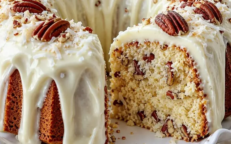 Moist Italian cream pound cake with cream cheese frosting, pecans, and coconut flakes on a white cake stand.