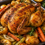 Golden crispy herb roasted chicken served with roasted potatoes, carrots, onions, and celery in a rustic baking pan.