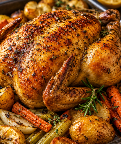 Golden crispy herb roasted chicken served with roasted potatoes, carrots, onions, and celery in a rustic baking pan.