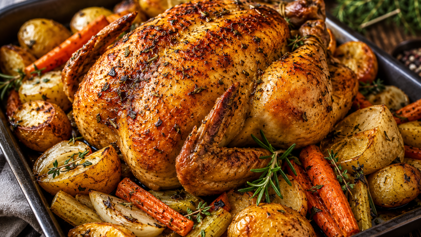 Golden crispy herb roasted chicken served with roasted potatoes, carrots, onions, and celery in a rustic baking pan.