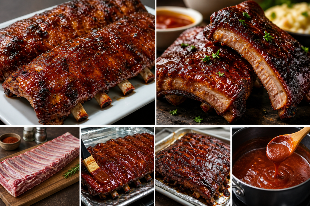 Collage showing step-by-step BBQ ribs recipe from raw pork ribs to glazed and cooked sticky ribs with sauce