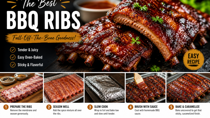 Collage showing step-by-step BBQ ribs recipe from raw pork ribs to glazed and cooked sticky ribs with sauce