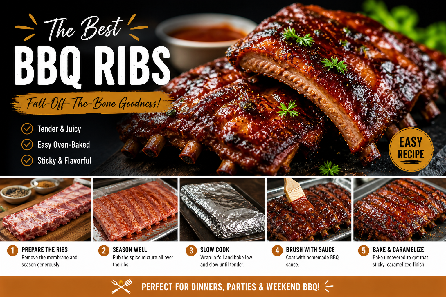 Collage showing step-by-step BBQ ribs recipe from raw pork ribs to glazed and cooked sticky ribs with sauce