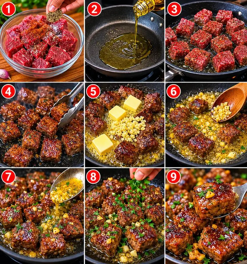 Step-by-step collage showing how to make garlic butter steak bites, including seasoning raw steak cubes, heating a skillet, searing the steak, adding butter and garlic, coating the steak in sauce, and serving the finished dish garnished with parsley.