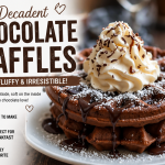 Stack of chocolate waffles topped with whipped cream, chocolate drizzle, and powdered sugar served on a plate for a rich and indulgent breakfast.