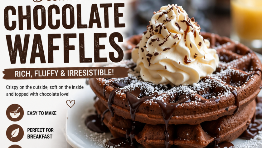 Stack of chocolate waffles topped with whipped cream, chocolate drizzle, and powdered sugar served on a plate for a rich and indulgent breakfast.