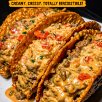 Crispy golden beef tacos filled with seasoned ground meat and topped with a creamy cheesy sauce, garnished with diced tomatoes and herbs, served on a white plate.