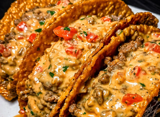 Crispy golden beef tacos filled with seasoned ground meat and topped with a creamy cheesy sauce, garnished with diced tomatoes and herbs, served on a white plate.