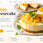 Creamy mango cheesecake with a biscuit crust, topped with fresh mango cubes, mango drizzle, and mint leaves on a white plate.