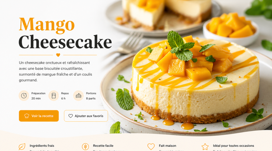 Creamy mango cheesecake with a biscuit crust, topped with fresh mango cubes, mango drizzle, and mint leaves on a white plate.