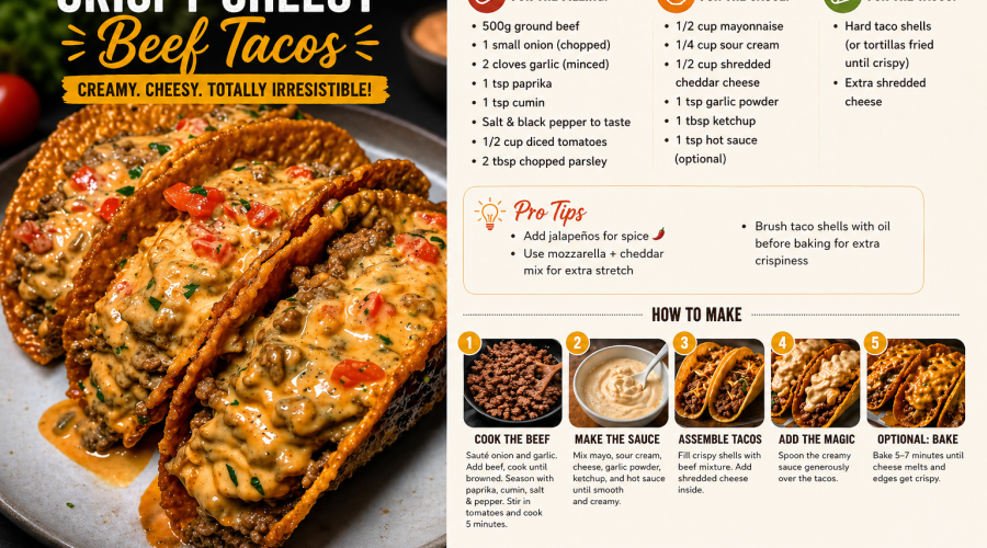 Crispy cheesy beef tacos filled with seasoned ground beef and topped with creamy cheese sauce, served in golden crunchy taco shells.
