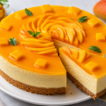 Creamy mango cheesecake with a biscuit crust, topped with fresh mango cubes, mango drizzle, and mint leaves on a white plate.