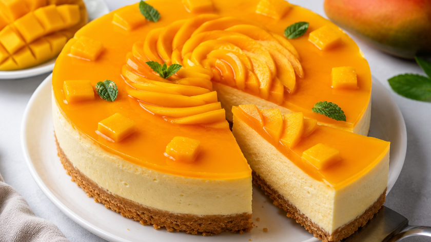 Creamy mango cheesecake with a biscuit crust, topped with fresh mango cubes, mango drizzle, and mint leaves on a white plate.