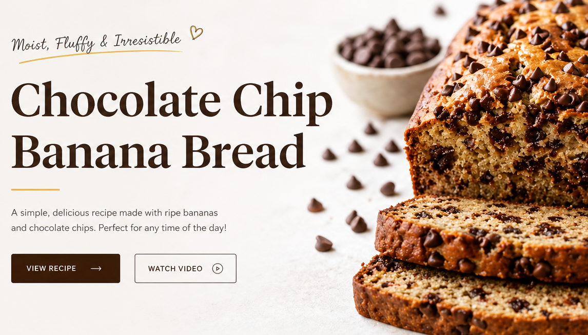 Freshly baked chocolate chip banana bread loaf sliced on a wooden surface, showing a soft, moist texture filled with melted chocolate chips.