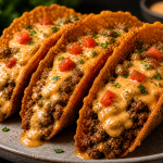 Crispy golden beef tacos filled with seasoned ground meat and topped with a creamy cheesy sauce, garnished with diced tomatoes and herbs, served on a white plate.